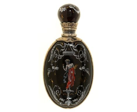 A SILVER MOUNTED LIMOGES ENAMEL SCENT BOTTLE, LATE 19TH C, THE OVAL BOTTLE FINELY PAINTED WITH A FIGURE AND TROPHIES, THE REV