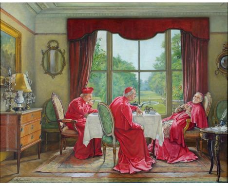 RUTH KLAUSNER (1920-2000) - AN AMUSING STORY, SIGNED, OIL ON PANEL, 58 X 73.5CM Good condition. In the original mid-20th c sc