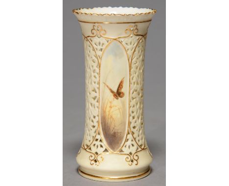 A GRAINGER WORCESTER RETICULATED IVORY GROUND VASE, 1889-90, WAISTED CYLINDRICAL WITH THREE ELONGATED PANELS, PAINTED WITH BU