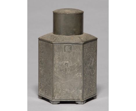 A CHINESE HEXAGONAL PEWTER TEA CADDY AND COVER, LATE 19TH C, THE SIDES ENGRAVED WITH FIGURES ALTERNATING WITH BIRDS IN BRANCH