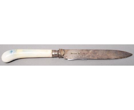 A ROYAL WORCESTER PORCELAIN PISTOL HAFTED EPNS KNIFE, C1912, PAINTED WITH A SHIPPING SCENE, SILVER FERRULE, 25CM L, GILT PRIN