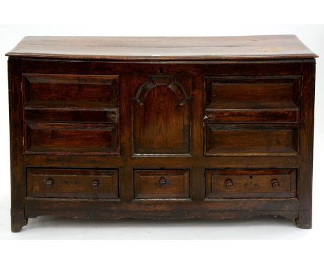 A GEORGE III OAK MULE CHEST, EARLY 19TH C, 82CM H; 142 X 50CM Altered. Boarded top with shrinkage and heavily scuffed. Shrink