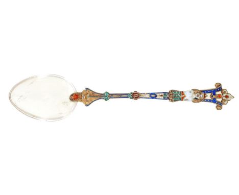 A SILVER GILT AND ENAMEL SPOON WITH ROCK CRYSTAL BOWL, PROBABLY AUSTRO-HUNGARIAN, LATE 19TH C, IN 16TH C STYLE, THE HANDLE WI