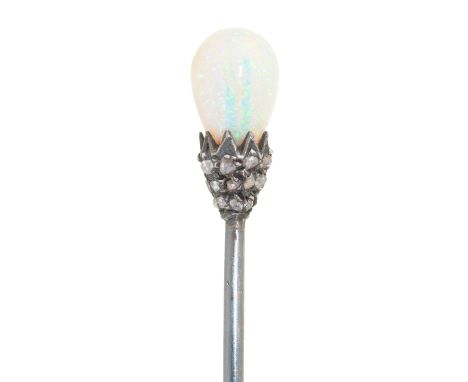 A VICTORIAN STICK PIN WITH ROSE DIAMOND AND OPAL BEAD TERMINAL, TERMINAL 11MM, PLUSH LINED MAROON MOROCCO CASE, 1.3G Opal of 