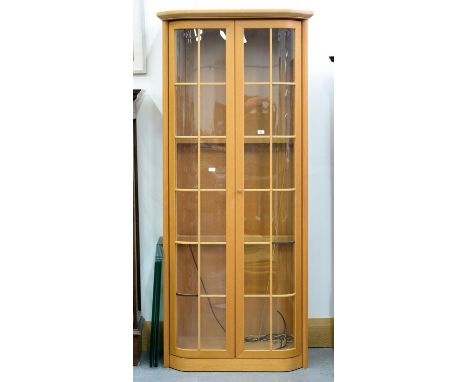 A MODERN LIGHT OAK GLAZED DISPLAY CABINET WITH ADJUSTABLE SHELVES, 219CM H; 87 X 48CM Some beadings detached, otherwise good,