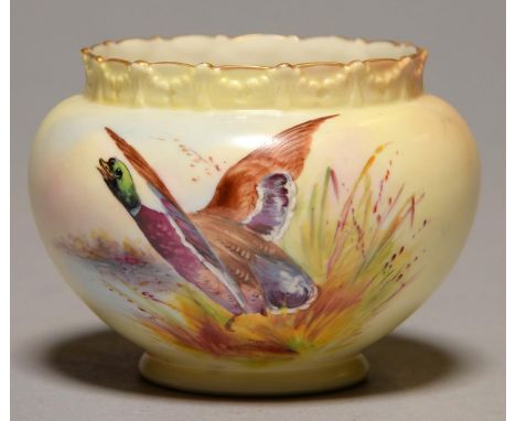 A LOCKE &amp; CO WORCESTER MINIATURE JARDINIERE, C1902-14, PAINTED WITH A FLIGHTING MALLARD ON A SHADED APRICOT GROUND, 8CM H