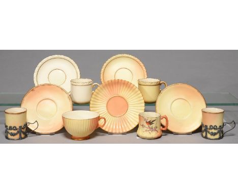 A PAIR OF LOCKE &amp; CO WORCESTER COFFEE CUPS AND SAUCERS WITH SILVER HOLDERS AND THREE OTHERS, C1902-14, SAUCERS 12CM DIAM 