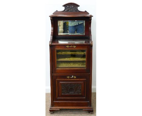 A LATE VICTORIAN MAHOGANY MUSIC CABINET, C1900, WITH BEVELLED MIRROR INSET BACK AND FALL FRONT ENCLOSING SHELVED INTERIOR LIN