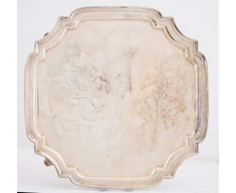 A GEORGE V SILVER SALVER, SHAPED SQUARE, ON FOUR VOLUTE FEET, 30.5 X 30.5CM, BY S BLANCKENSEE &amp; SONS LTD, CHESTER 1927, 3