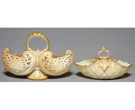 A GRAINGER WORCESTER RETICULATED POSY BASKET, 1890, AND A LOCKE &amp; CO WORCESTER LEAF MOULDED BASKET, BOTH IN SHADED APRICO