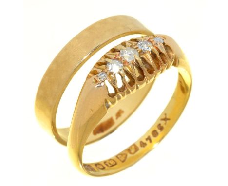 AN 18CT GOLD WEDDING RING, LONDON 1961 AND A DIAMOND RING, IN 18CT GOLD, CHESTER 1918, 5.5G, SIZES L AND N (2) Light scratche