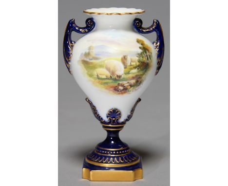 A ROYAL WORCESTER TWO HANDLED OGEE VASE, 1898, PAINTED BY E. SALTER, SIGNED, WITH SHEEP IN A LANDSCAPE, A SUBSIDIARY VIEW TO 