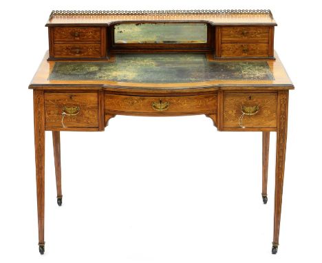 A VICTORIAN ROSEWOOD INLAID AND PEN WORK BOW CENTRED WRITING TABLE WITH TOOLED LEATHER TOP, ON SQUARE TAPERING LEGS, 74CM H; 