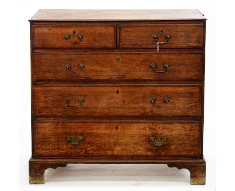 A GEORGE III CROSSBANDED MAHOGANY CHEST OF DRAWERS ON BRACKET FEET, 96CM H; 98 X 51CM Numerous chips and scratches, losses to