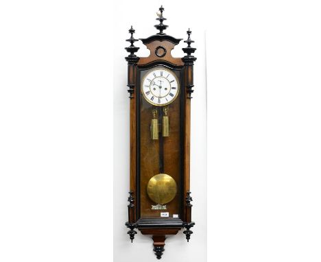A WALNUT AND EBONISED VIENNA WALL CLOCK, C1900, WITH TWO BRASS WEIGHTS AND PENDULUM, 123CM H Enamel on dial damaged