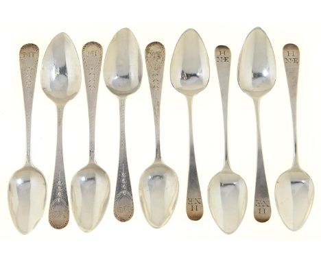 A SET OF FIVE GEORGE III SILVER TEASPOONS, BRIGHT CUT, INITIALLED M T, BY J PERKINS I &amp; J PERKINS II, LONDON 1796 AND A S