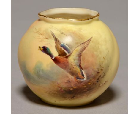 A ROYAL WORCESTER GLOBULAR VASE, 1908, PAINTED BY JAS STINTON, SIGNED, WITH A FLIGHTING MALLARD DRAKE ON A SHADED APRICOT GRO