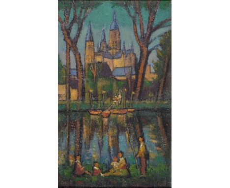 GEOFFREY ROBERT RUSSELL (1902-1986) - PICNIC AT BAYEUX (RECTO); SWANAGE SEA FRONT (VERSO), SIGNED, OIL ON CANVAS, 64 X 39CM G