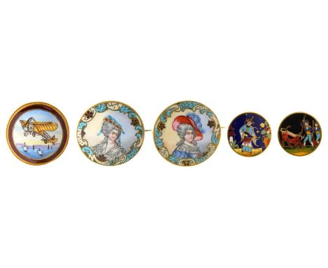 AN UNUSUAL GILTMETAL AND PAINTED ENAMEL BUTTON OF A BLERIOT TYPE AEROPLANE, C1910, 34MM DIAM, A PAIR OF CHAMPLEVE ENAMEL STUD