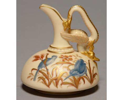 A ROYAL WORCESTER FLAT DRAGON-HANDLED EWER, 1888, PAINTED IN BLUE MONOCHROME WITH BIRDS AND BLUE AND GILT FOLIAGE ON AN IVORY