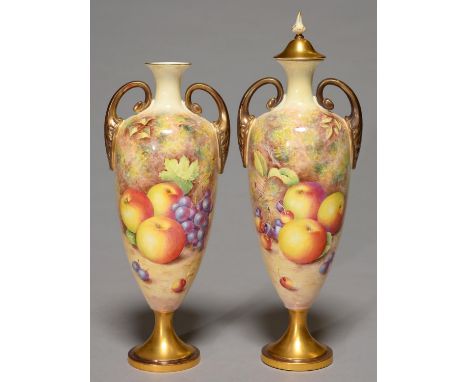 A PAIR OF ROYAL WORCESTER VASES AND COVER, POST-1963, PAINTED BY FREEMAN, BOTH SIGNED, WITH FRUIT BEFORE A MOSSY BANK 33CM H,