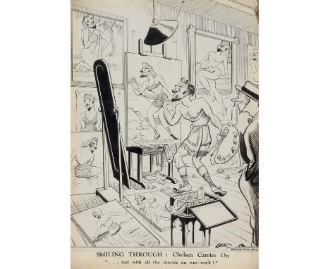 JOSEPH LEE (1901-1975) - SMILING THROUGH: CHELSEA CARRIES ON, SIGNED, PEN, BRUSH AND INK, 39 X 26CM AND&nbsp;ANOTHER - WHY PU