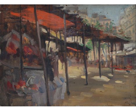 ELLA MARY BANKS, NÉE&nbsp;COATES (1884-1937) - A SUNLIT MARKET, OIL ON PANEL, 30 X 40CM Entirely original condition, much dir
