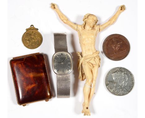 A ROTARY SILVER GENTLEMAN'S WRISTWATCH WITH OBLONG DIAL, AN IVORY CORPUS CHRISTI, A GILTMETAL AND FAUX TORTOISESHELL BOX, ETC