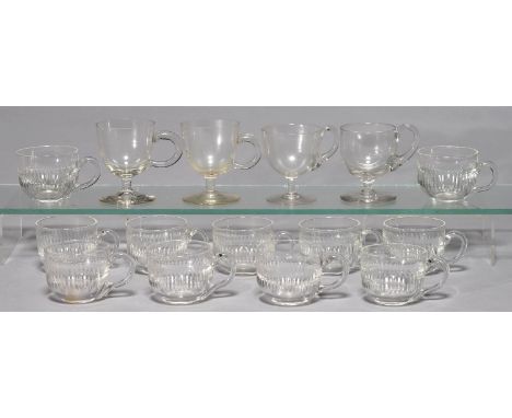 A SET OF ELEVEN VICTORIAN CUT GLASS CUSTARD CUPS, LATE 19TH C, 5CM H AND A SET OF FOUR PLAIN PEDESTAL STEM GLASS CUSTARD CUPS