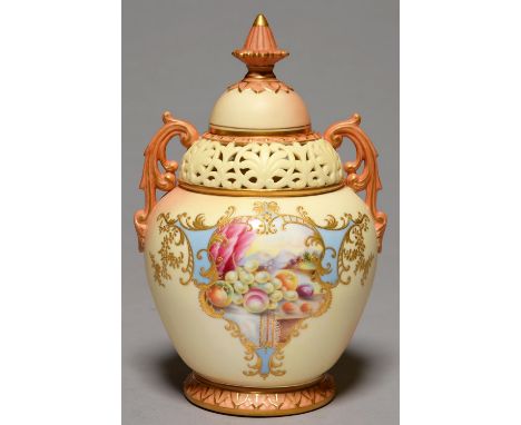 A LOCKE &amp; CO WORCESTER RETICULATED POT POURRI VASE AND COVER, C1902-14, PAINTED WITH FRUIT BEFORE A HIGHLAND LANDSCAPE IN