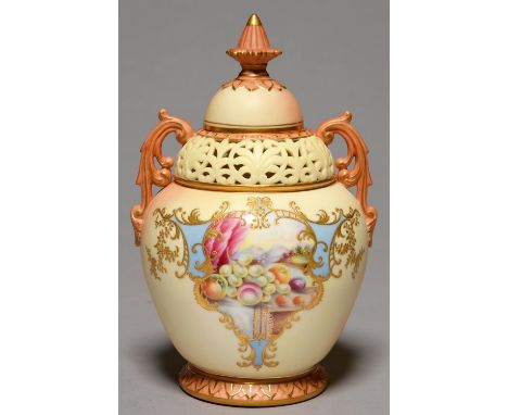 A LOCKE &amp; CO WORCESTER RETICULATED POT POURRI VASE AND COVER, C1902-14, PAINTED WITH FRUIT BEFORE A HIGHLAND LANDSCAPE IN