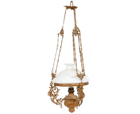 AN ORNATE CAST METAL HANGING OIL LAMP, LATE 19TH C, WITH DETACHABLE FOUNT AND BURNER, APPROXIMATELY 120CM H AND AN OPAL GLASS