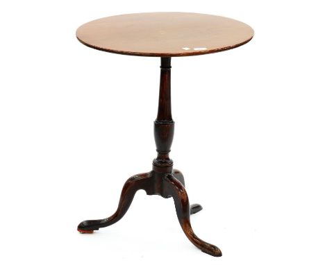 A GEORGE III MAHOGANY TRIPOD TABLE ON CONTEMPORARY TURNED OAK PILLAR, 71CM H X 57CM DIA Table top with scuffs and scratches c