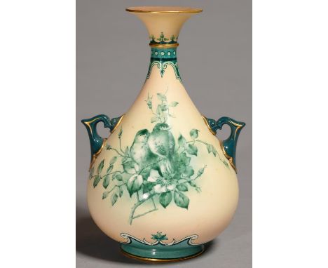 A HADLEY'S WORCESTER VASE, 1897-1900, DECORATED IN GREEN MONOCHROME WITH BIRDS ON A SHADED APRICOT GROUND, 18.5CM H, PRINTED 