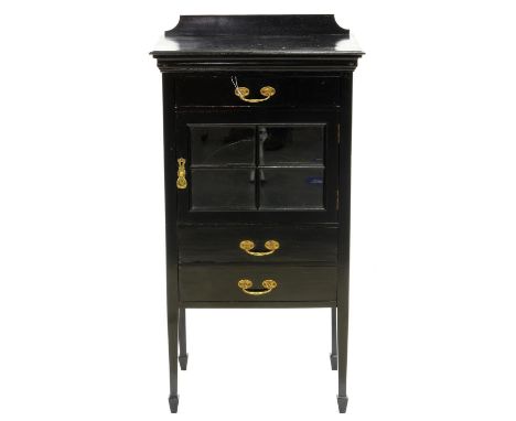 A VICTORIAN BLACK PAINTED MAHOGANY MUSIC CABINET ON SQUARE TAPERING LEGS, 102CM H; 56 X 38CM Paint chipped and scuffed, one g