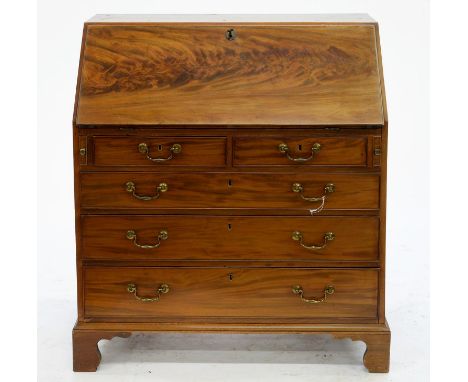 A GEORGE III MAHOGANY BUREAU ON BRACKET FEET, FORMERLY PART OF A BUREAU BOOKCASE, 110CM H; 112 X 54CM Veneer on lid beginning