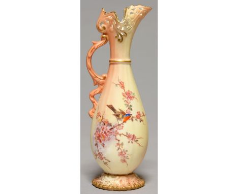 A LOCKE &amp; CO WORCESTER RETICULATED EWER, C1902-14, PRINTED AND PAINTED WITH A BIRD ON BLOSSOM, ON SHADED APRICOT GROUND, 