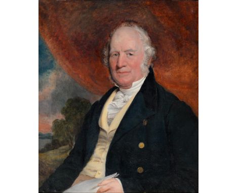 ENGLISH SCHOOL, EARLY 19TH C ? PORTRAIT OF A&nbsp;GENTLEMAN, SEATED HALF-LENGTH IN WHITE STOCK, YELLOW WAISTCOAT AND BLUE COA