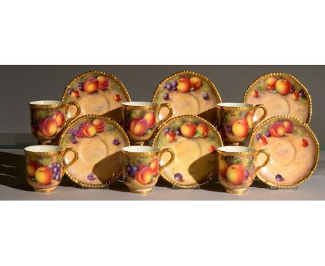 A SET OF SIX ROYAL WORCESTER COFFEE CUPS AND SAUCERS, POST-1963, PAINTED BY FREEMAN, ALL SIGNED, WITH ALL OVER OR CONTINUOUS 