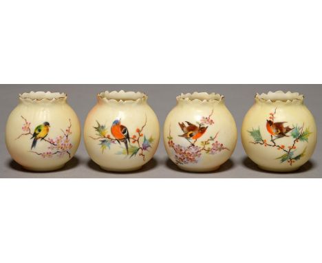 TWO PAIRS OF LOCKE &amp; CO WORCESTER MINIATURE GLOBULAR VASES, C1902-14, PAINTED WITH A BIRD ON BLOSSOM OR HOLLY, ON SHADED 
