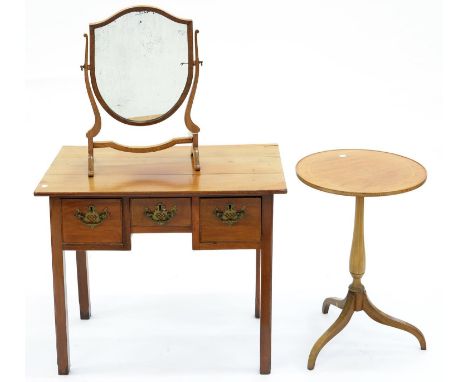 A VICTORIAN MAHOGANY LOWBOY ON SQUARE LEGS, 71CM H; 80 X 50CM, A CONTEMPORARY INLAID MAHOGANY TRIPOD TABLE, 70CM H X 44CM DIA