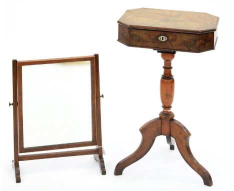 A FRENCH MAHOGANY WORK TABLE ON AN ASSOCIATED TRIPOD BASE, 72CM H; 41 X 30CM AND A CONTEMPORARY MAHOGANY AND LINE INLAID DRES