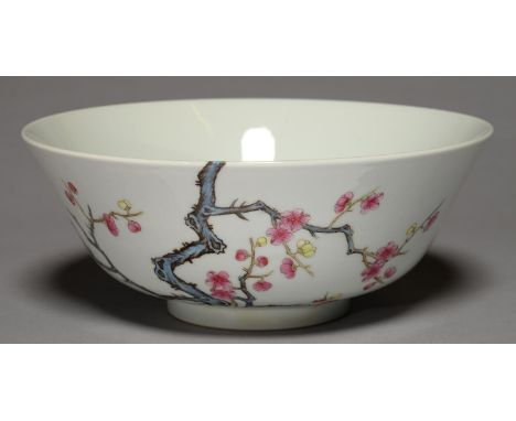 A CHINESE FAMILLE ROSE BOWL, OF U SHAPE WITH GENTLY FLARING SIDES, ATTRACTIVELY PAINTED WITH A BLOSSOMING CHERRY TREE, THE GN