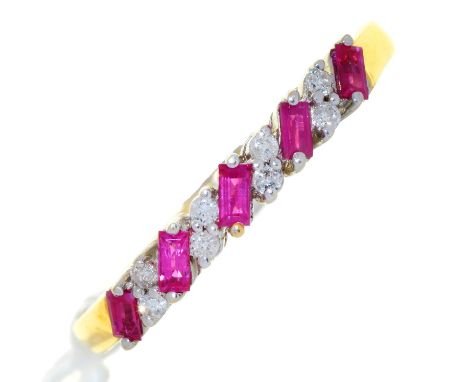 A STEP CUT RUBY AND DIAMOND RING, 18CT GOLD HOOP, 3.2G, SIZE V½ Good condition