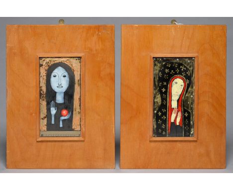 TWO EASTERN EUROPEAN ENAMEL PLAQUES, MID 20TH C, ONE SIGNED WITH INITIALS KM,&nbsp; MOUNTED ON VARNISHED LIGHTWOOD BOARDS FOR