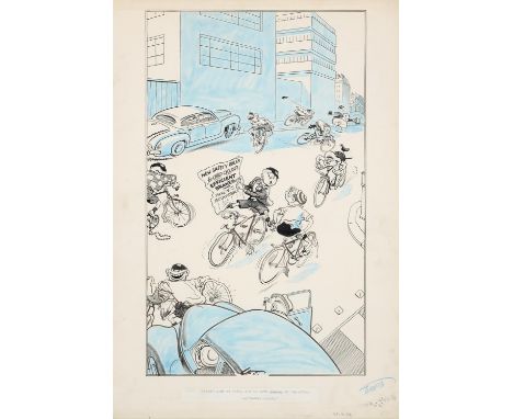 JOSEPH LEE (1901-1975) - NEW SAFETY RULES (PUBLISHED 29 JULY 1954), SIGNED, PEN, INK AND BLUE WASH, 51.5 X 35CM Good conditio