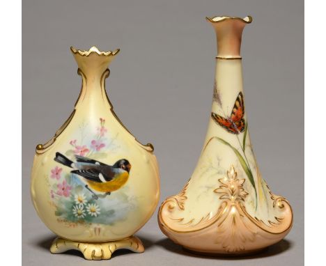 TWO LOCKE &amp; CO WORCESTER VASES, C1896-1903 AND C1902-14, THE FIRST PAINTED WITH A BUTTERFLY, THE SECOND BY J LEWIS, SIGNE