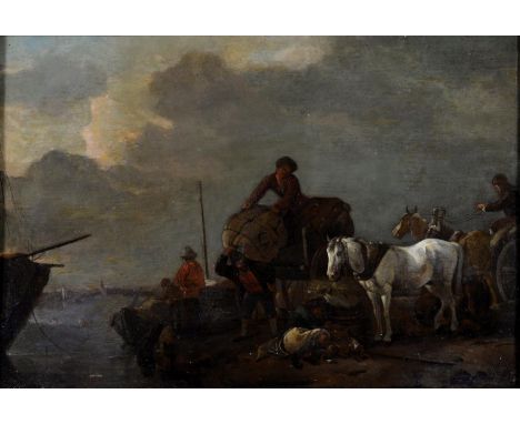 FOLLOWER OF PHILIPS WOUWERMAN - RIVER SCENE WITH FIGURES LOADING A BOAT, OIL ON PANEL, 25 X 36CM Cleaned many years ago, the 