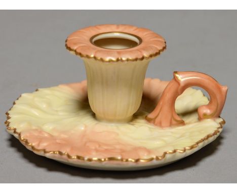 A LOCKE &amp; CO WORCESTER CHAMBERSTICK, C1902-14, MOULDED WITH LEAVES, IN SHADED APRICOT, 5CM H, PRINTED MARK, SHAPE 5 Good 