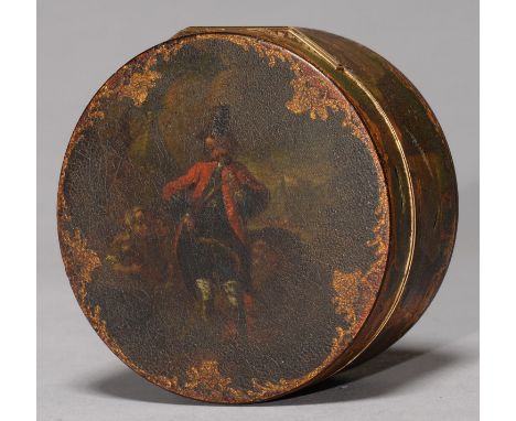 A CONTINENTAL LACQUER SNUFF BOX, PROBABLY GERMAN, C1780, THE LID PAINTED WITH A GRENADIER, THE SIDES WITH LANDSCAPES FRAMED B